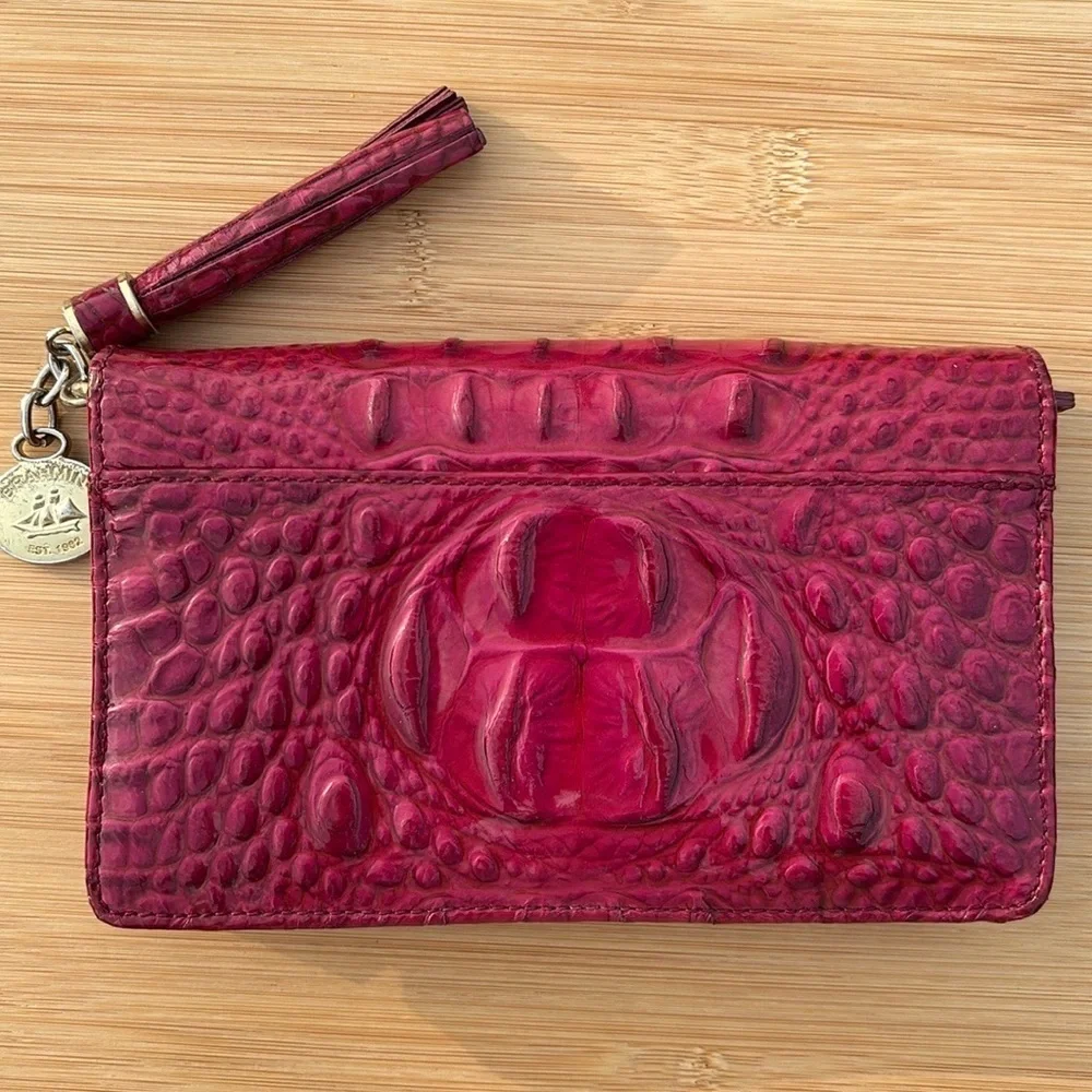 Brahmin Vintage Genuine Leather Magenta Bifold Snap Close Wallet Charm & Tassel